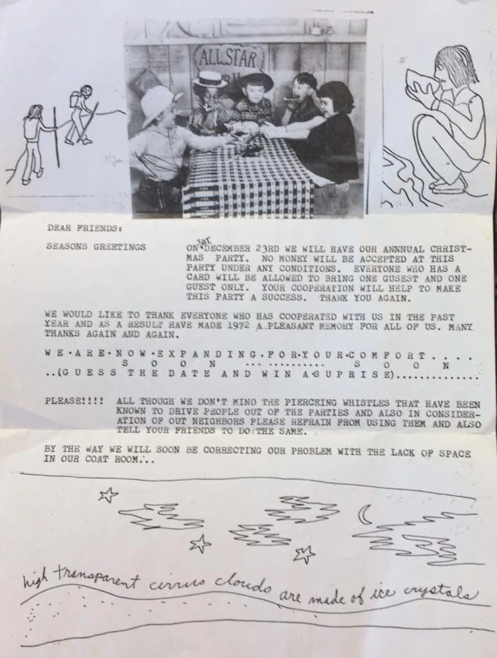 A typed Loft invitation from 1972 headed “Dear Friends: Seasons Greetings”, with the Our Gang photograph and hand-drawn figures across the top.