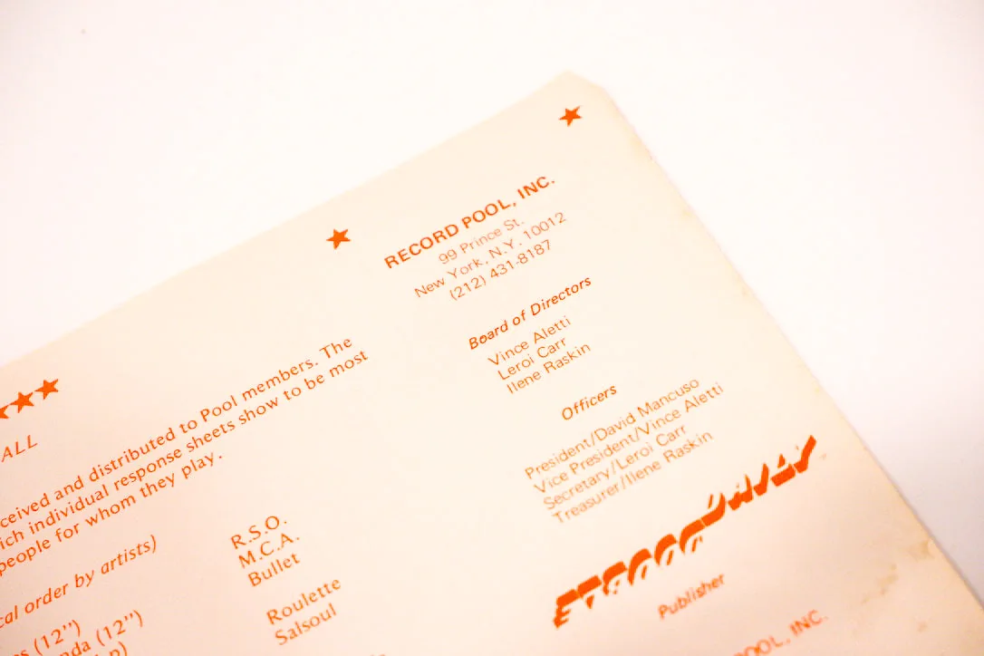 Close-up of a 1976 Record Pool Inc. mailer printed in red, 99 Prince Street, listing David Mancuso as president.